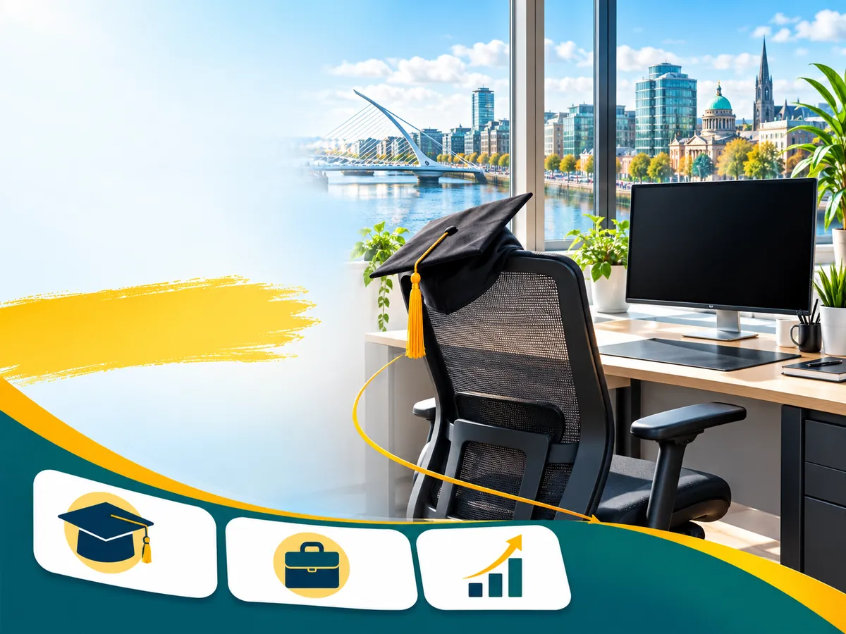 Mortarboard on an office chair at an empty desk, showing the step from an Irish masters into graduate work.