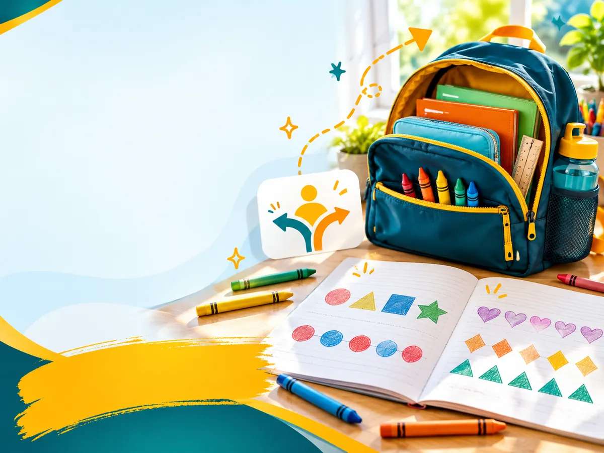 Child's schoolbag, crayons and pattern worksheet on a desk, showing early career assessment for young students