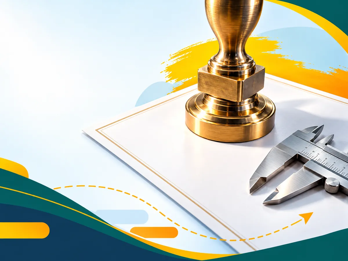 A brass embossing seal resting on a blank certificate beside calipers, signalling accredited UK courses