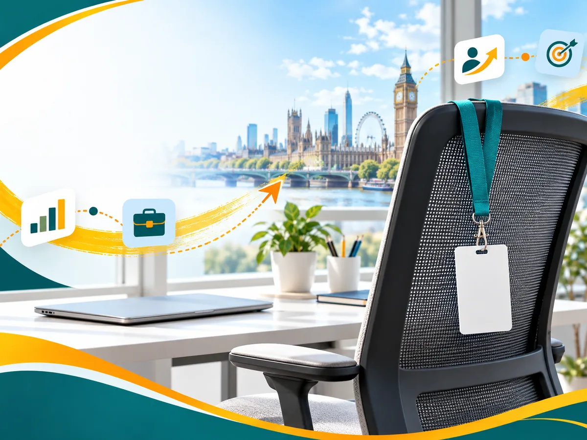 Employee ID badge on a lanyard over an office chair, symbolising employment outcomes after a top UK course