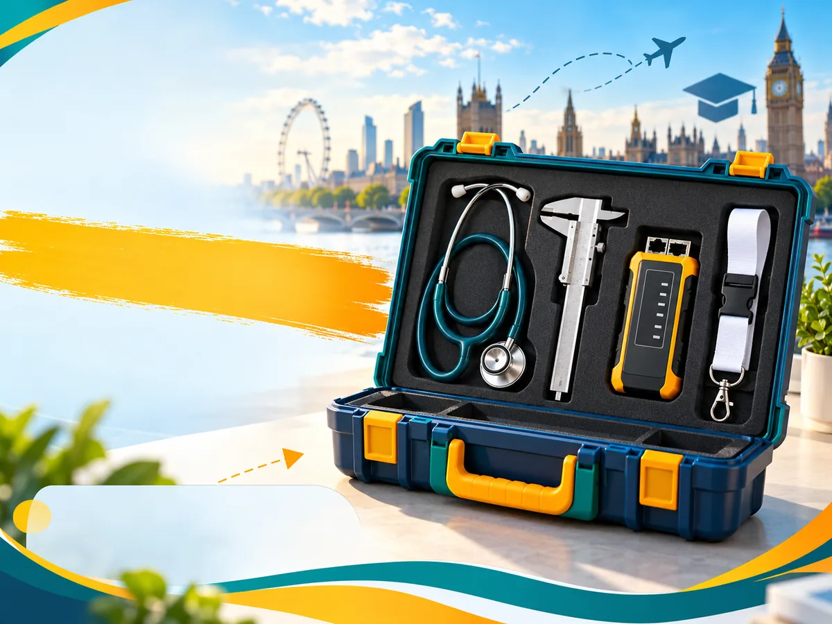 A compact toolkit with a stethoscope, caliper, cable tester and blank lanyard, mapping postgraduate study to skilled roles