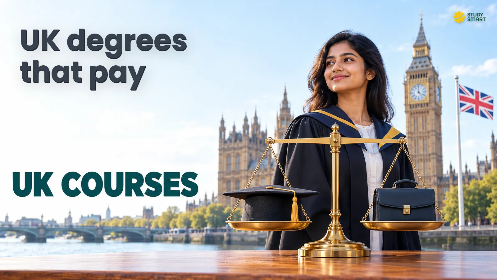A brass balance scale on a wooden desk holding a graduation mortarboard and a work briefcase, weighing UK study cost against skilled work