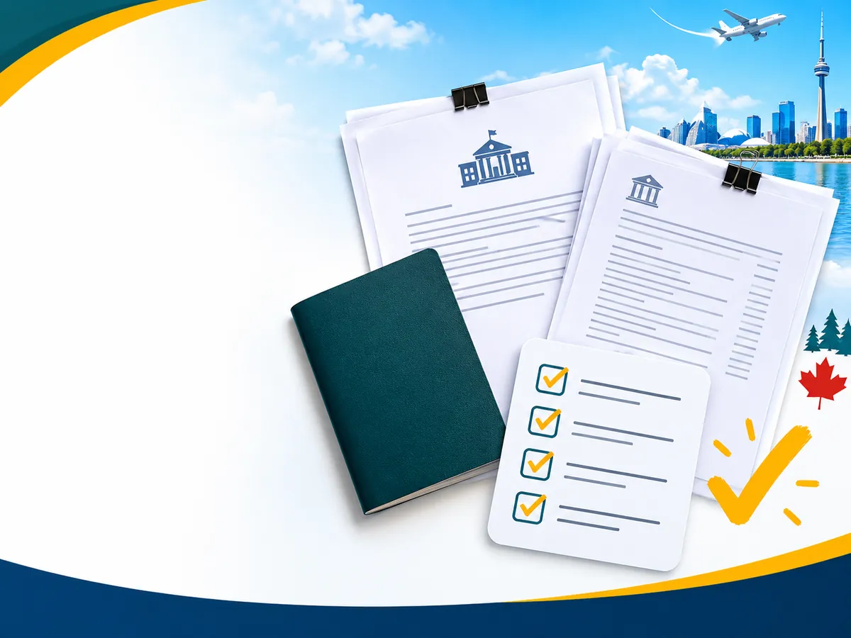 Flat lay of passport, letters, bank statements and checklist, showing the full document set for a Canada study permit.