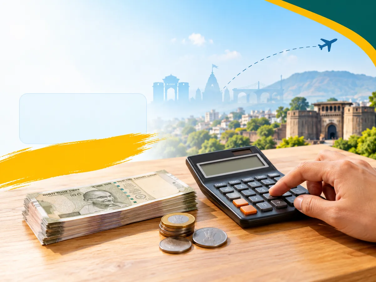 A hand on a calculator beside stacked rupee notes, representing IELTS coaching and exam fees in Pune.