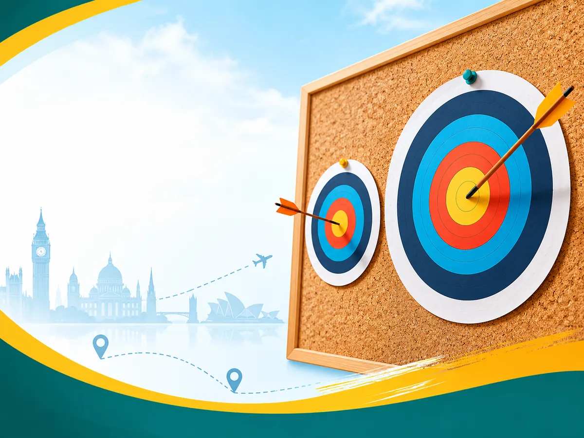 Two different sized paper targets with arrows on a corkboard, showing IELTS score targets vary by university.