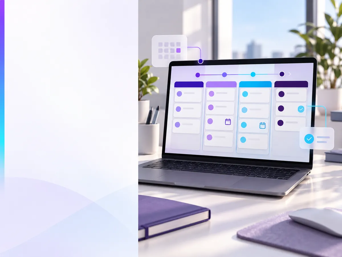 Laptop shows an unlabeled interview pipeline board with cards, calendar shapes, and checks, suggesting shared visibility.