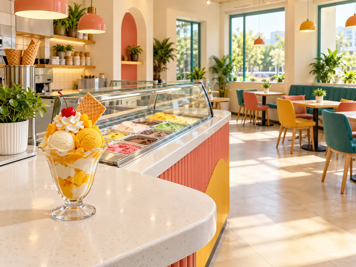 Dessert cafe interior with sundae counter and seating, showing how format size changes franchise cost.