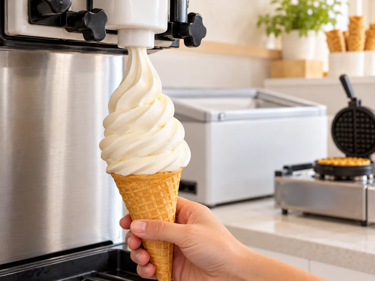 Softy machine dispensing a swirl cone with freezer and waffle iron nearby, the main equipment costs.