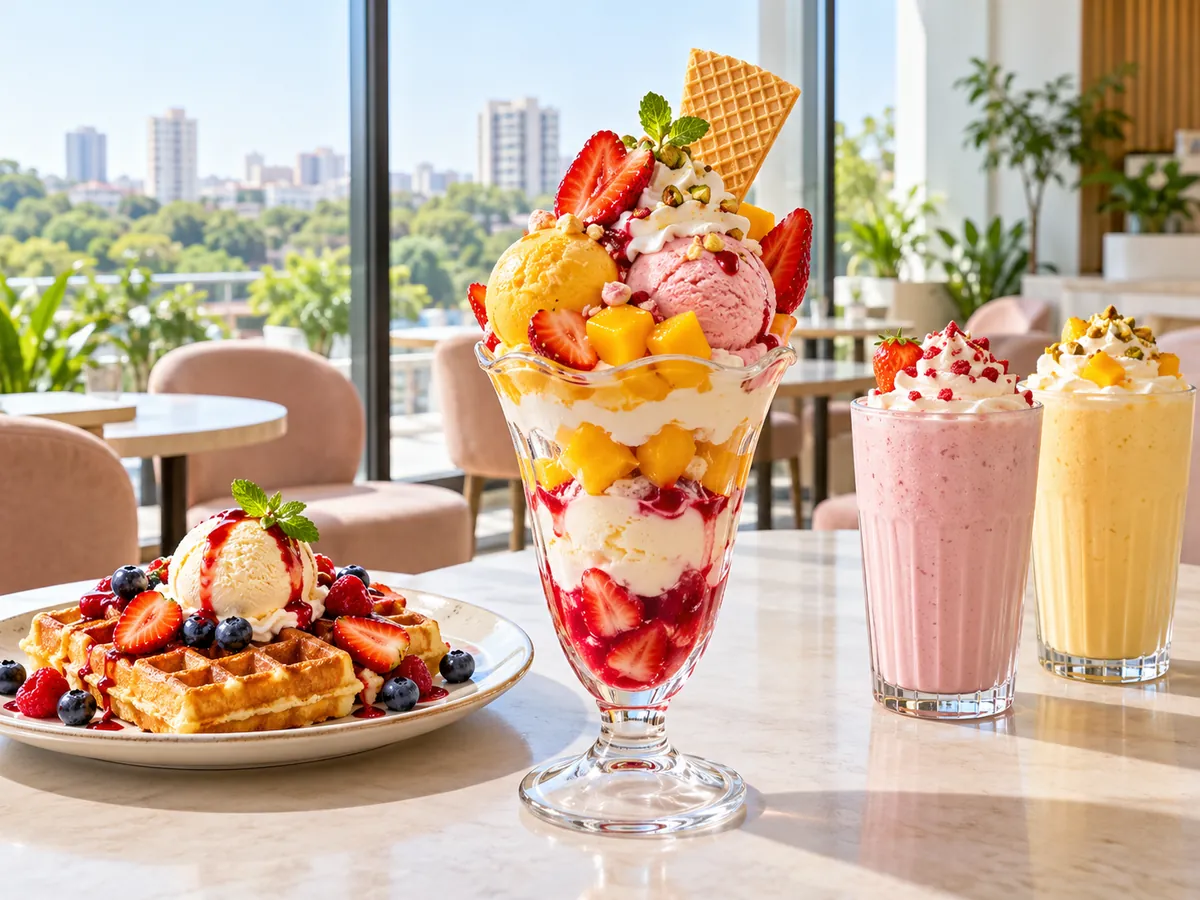 Spacious cafe table with sundae, waffles and shakes by a wide window, suited to family high street areas.