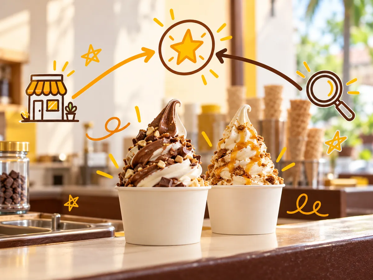 Softy sundaes on a counter with two doodle routes merging into one review point, showing both site options