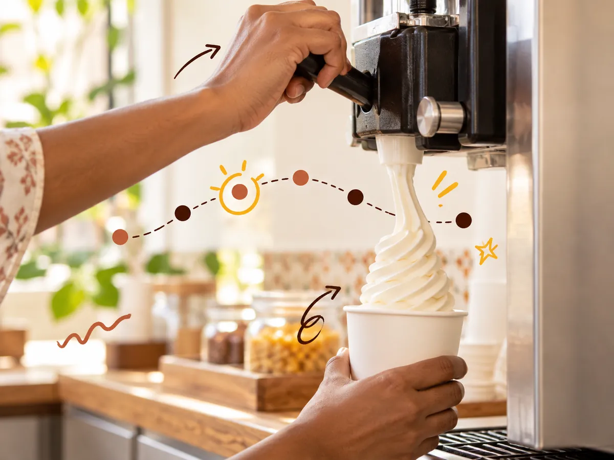 Soft serve swirling into a cup beside a six dot doodle path with the middle dot circled, marking site review before launch