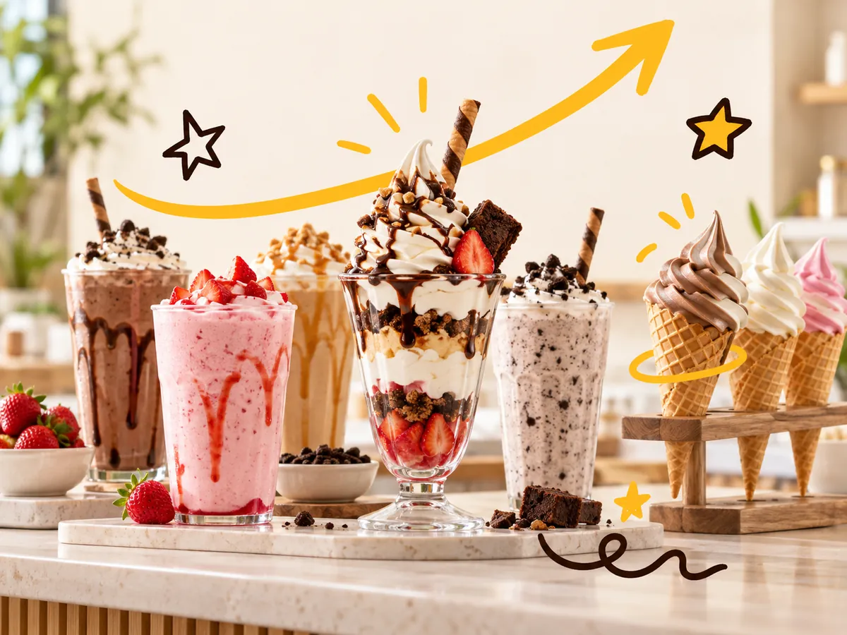 Counter of sundaes, shakes and waffle cones with a rising doodle arrow, showing India's growing ice cream demand.