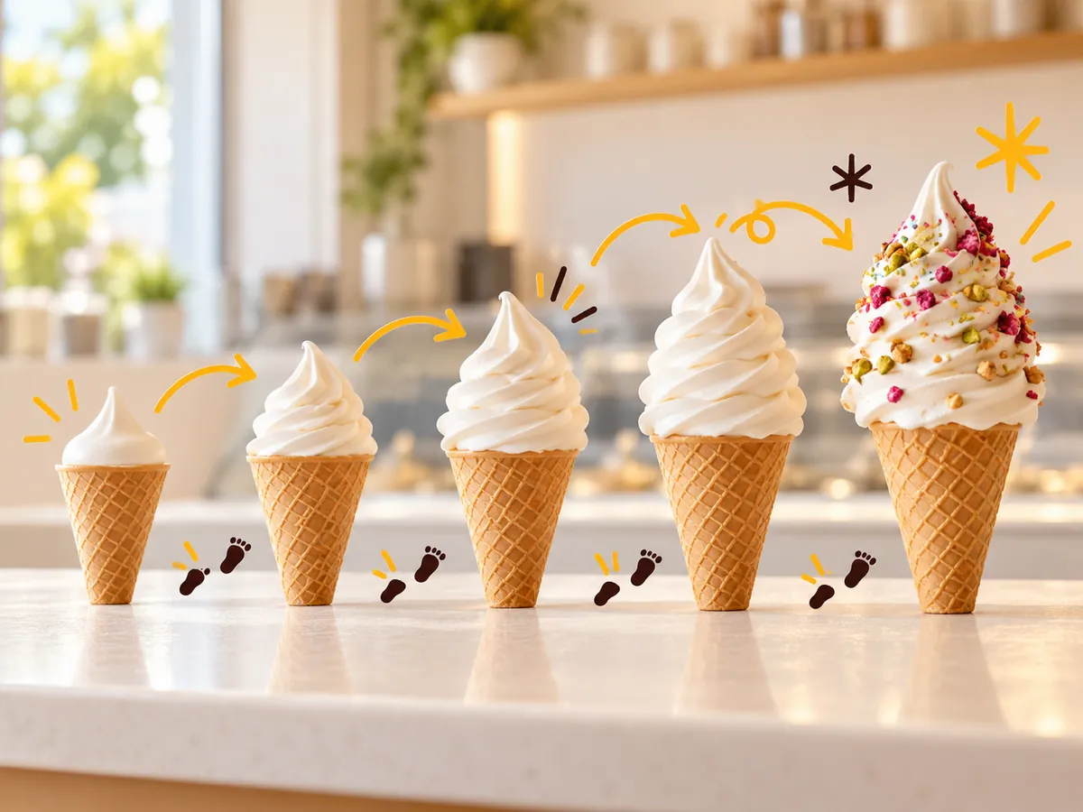 Row of softy cones progressing from plain to fully topped, linked by doodle arrows, showing the monthly franchise countdown.