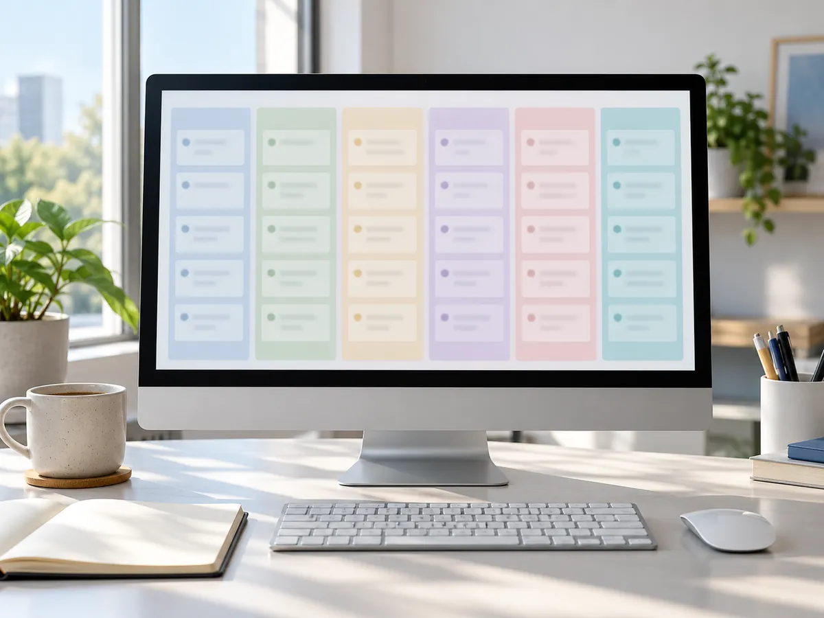 Monitor showing six color-coded columns of task cards, representing the six divisions of an autonomous SEO department.