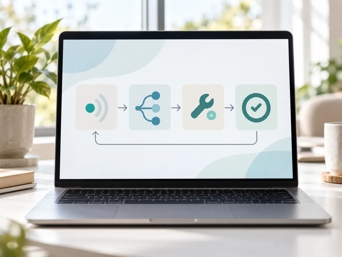 Screen showing linked alert, plan, fix, and review cards in sequence, representing closed-loop autonomous SEO execution.