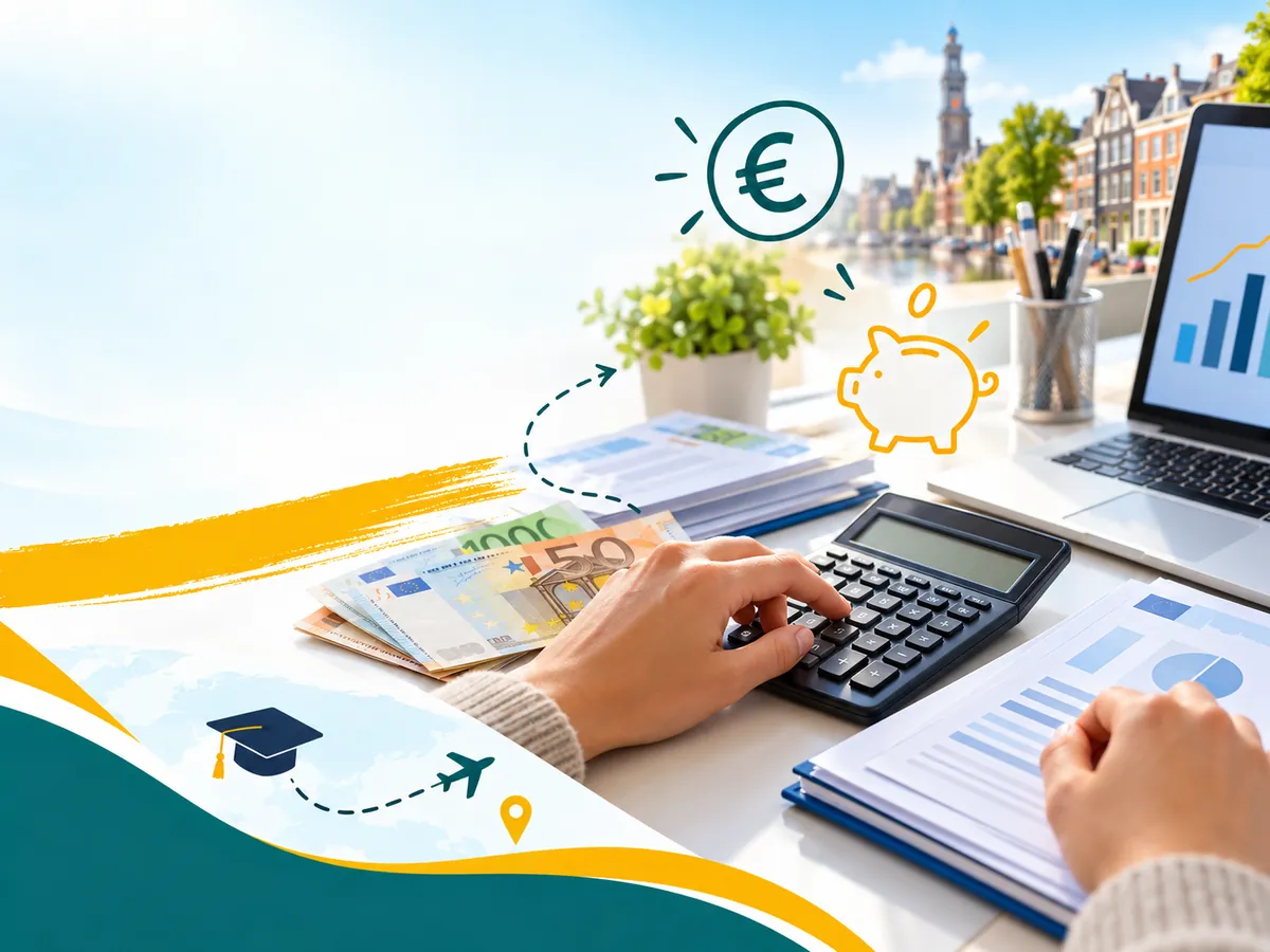 Hands calculating with euro notes and bank papers, showing how students plan proof of funds for the Dutch visa.