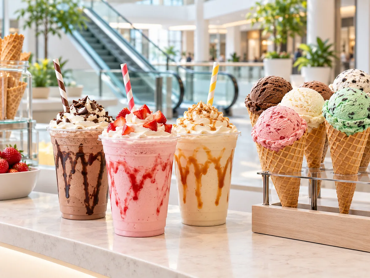 Counter with shakes and cones beside a mall escalator on a quiet weekday, catchment-driven sales
