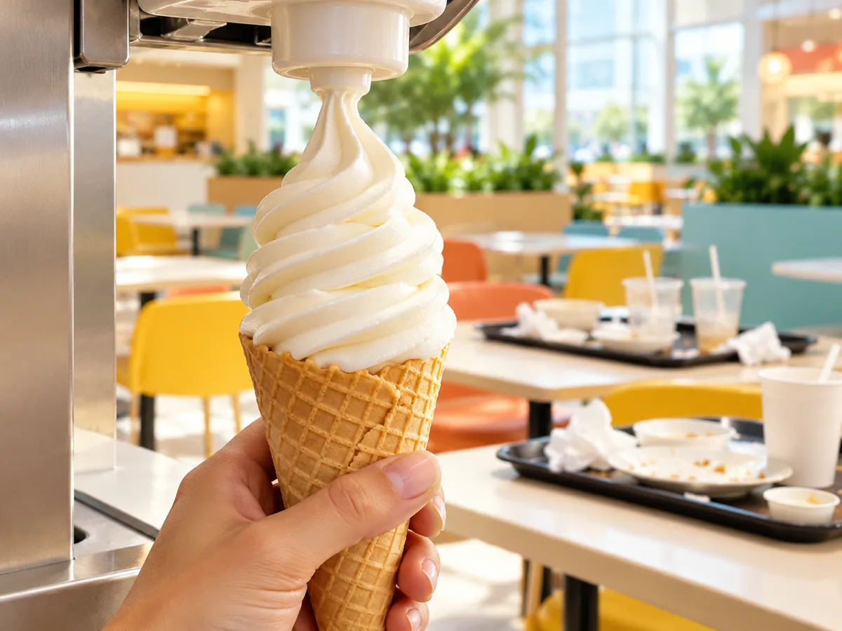 Soft-serve cone being dispensed beside cleared meal trays, the post-meal dessert rush