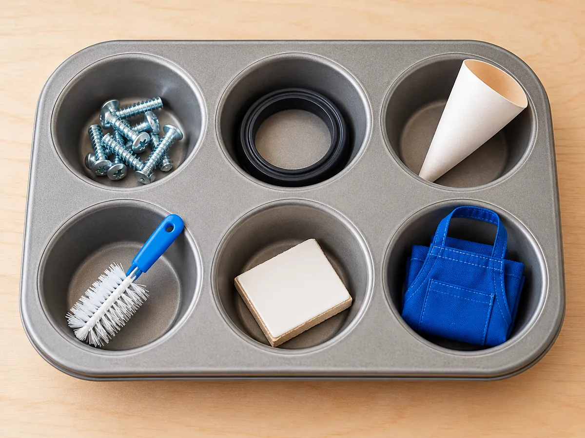A muffin tray sorts small store items into separate cost buckets, echoing a disciplined investment breakup.