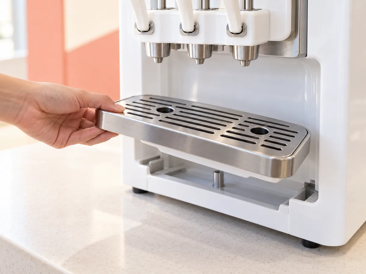 A hand inspects a soft serve machine tray, showing investors can verify real outlets before paying.