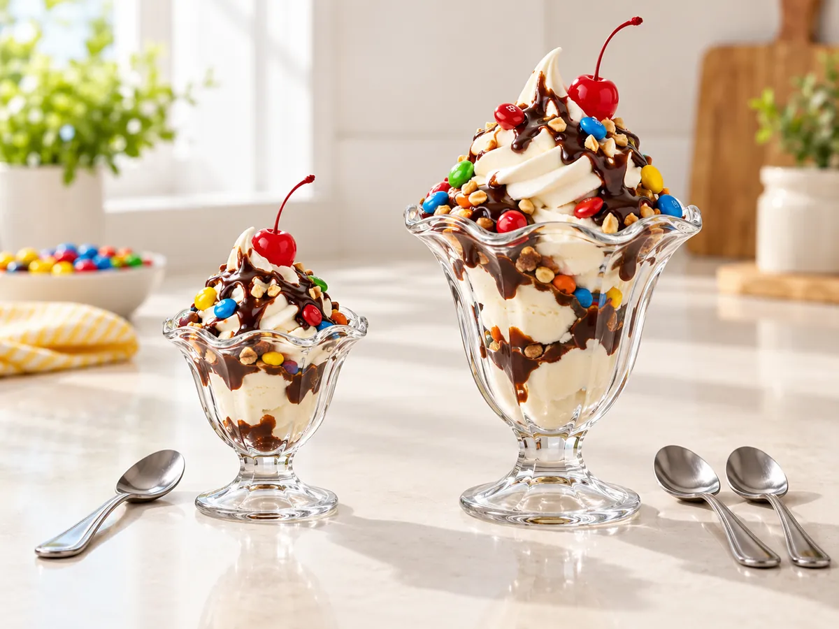 A small single-spoon sundae next to a much larger two-spoon sundae, illustrating the solo 250 ml versus sharing 450 ml sizes.