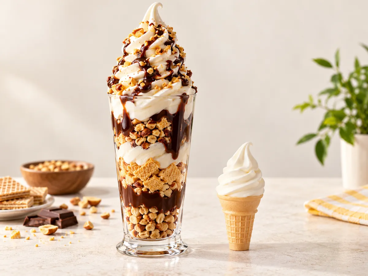 A towering multi-layered softy sundae in a tall glass beside a tiny cone, showing the Titanic's oversized sharing scale.