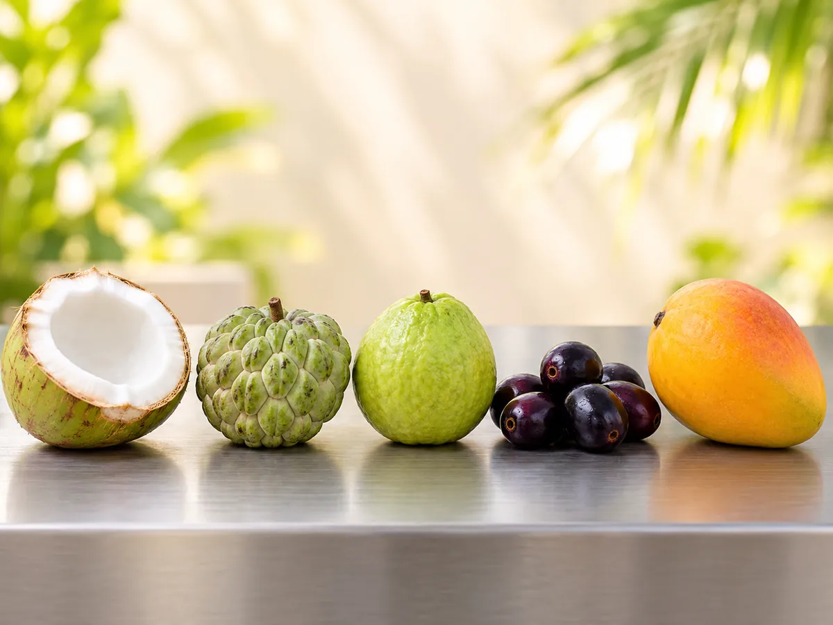 Coconut, custard apple, guava, jamun and mango in a row, the five fruits behind the natural range at MilkyWay Softy