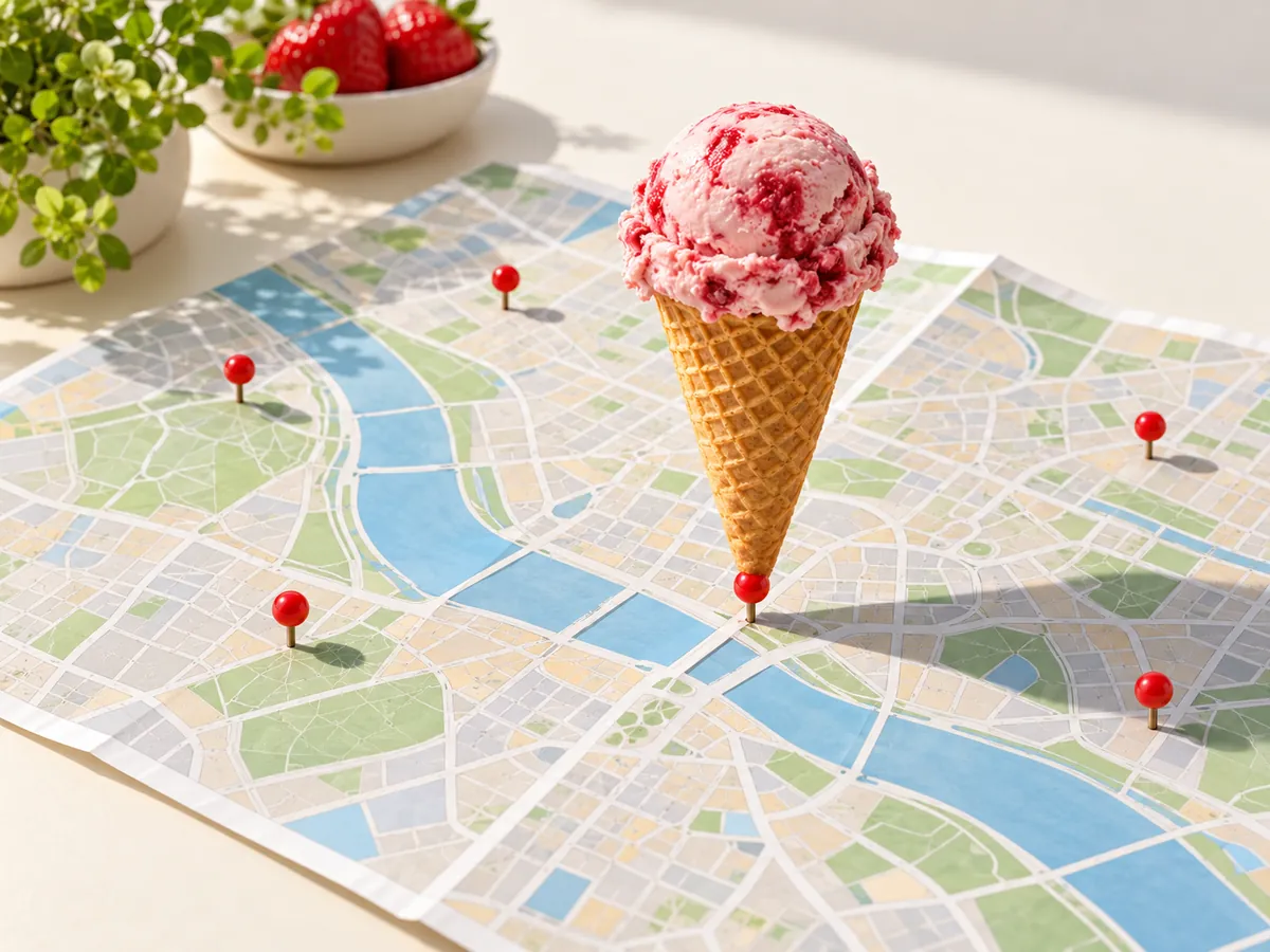 A paper city map with red pushpins marking parlour locations across neighbourhoods and a waffle cone standing on one pin