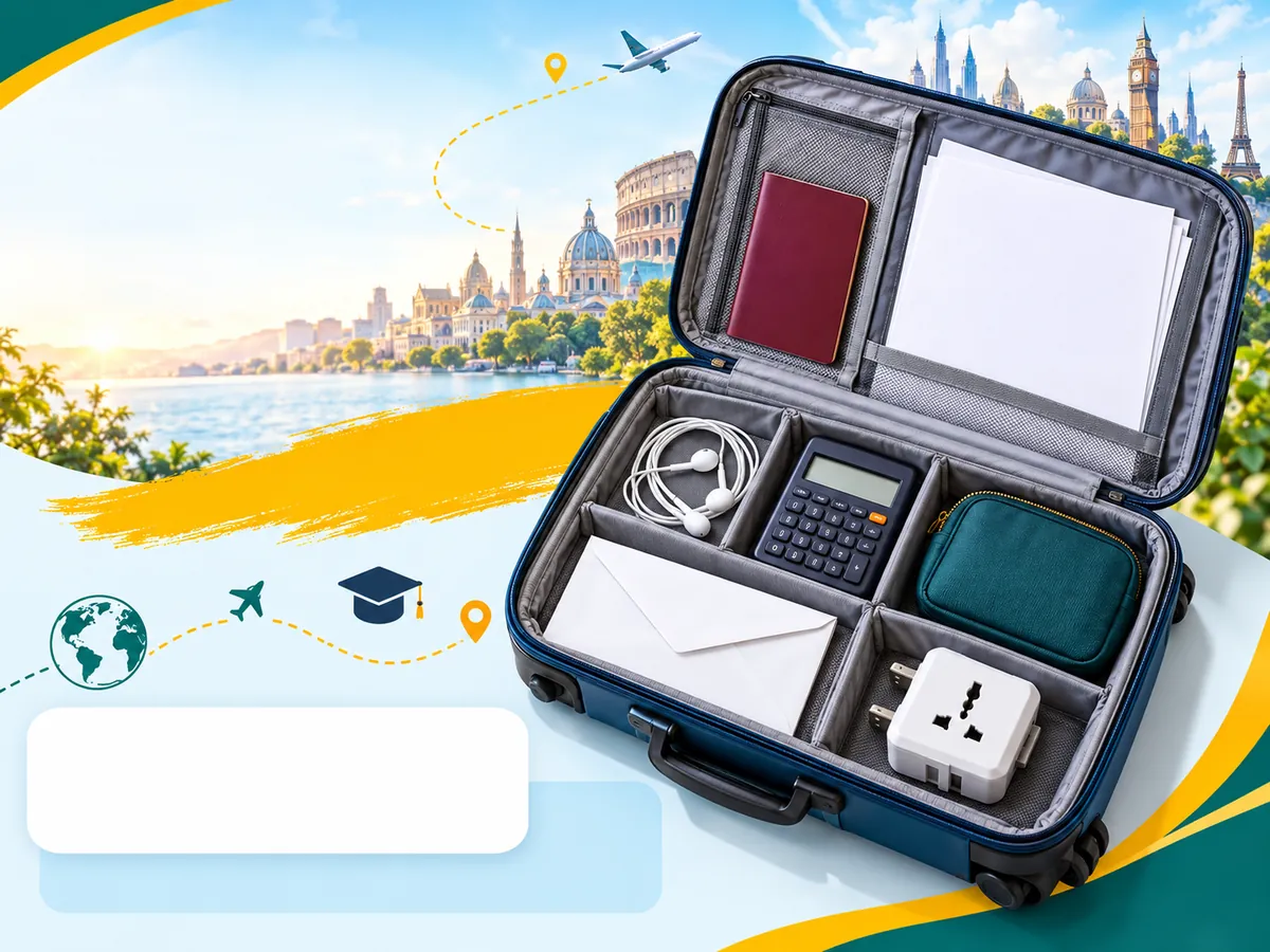 Open suitcase with passport, blank papers, calculator and adapter, suggesting end to end support from tests to departure.