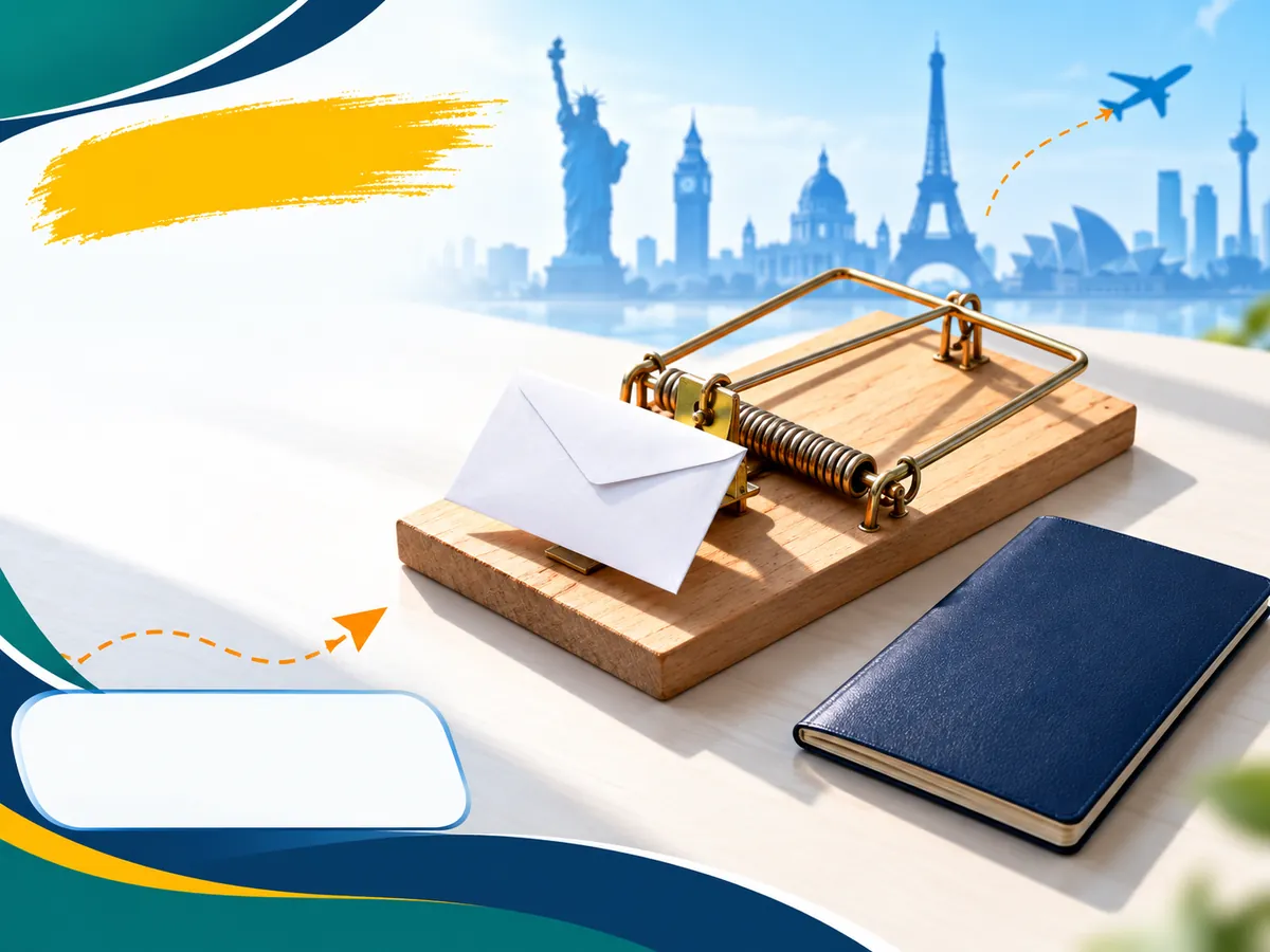 Mousetrap baited with a blank admission envelope beside a passport, symbolizing guaranteed admission scams and pressure tacti