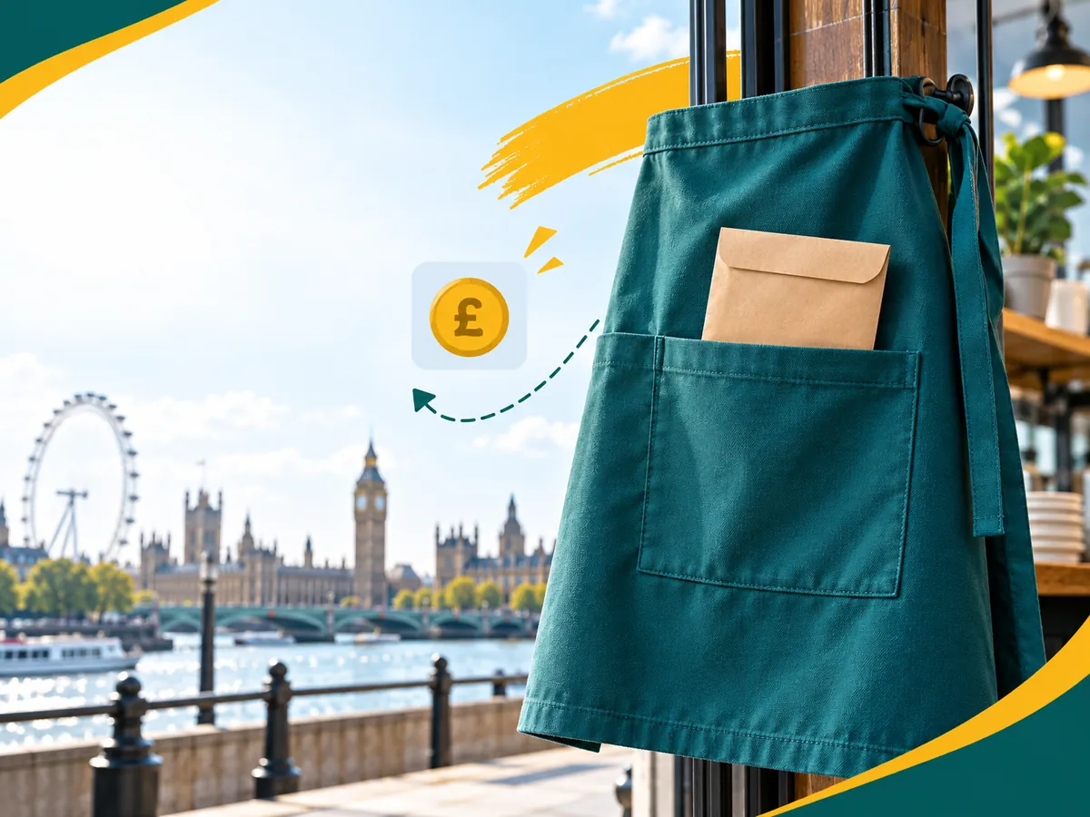 A pay envelope in a work apron pocket, representing typical earnings from part-time student jobs at minimum wage rates.
