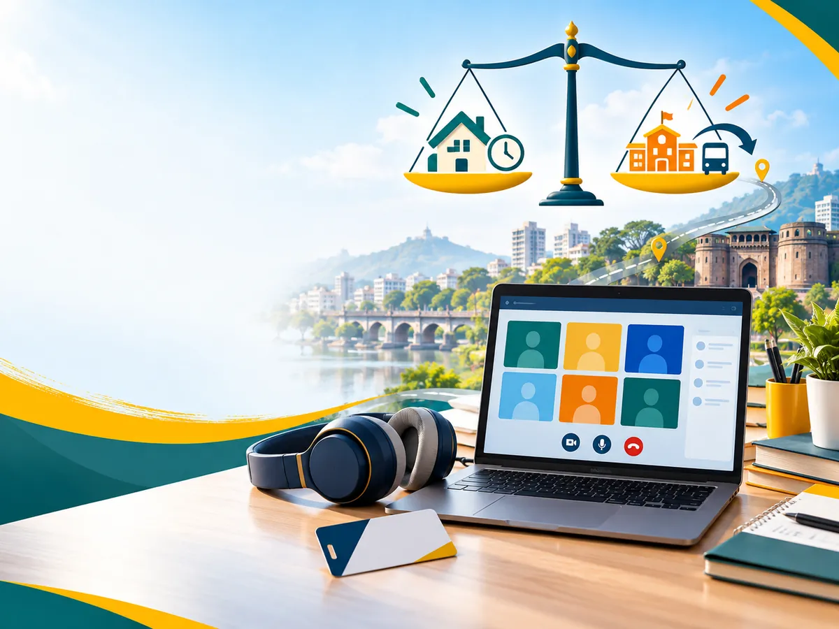 Laptop with live online PTE class beside commute items, comparing flexible online learning with classroom coaching in Pune.