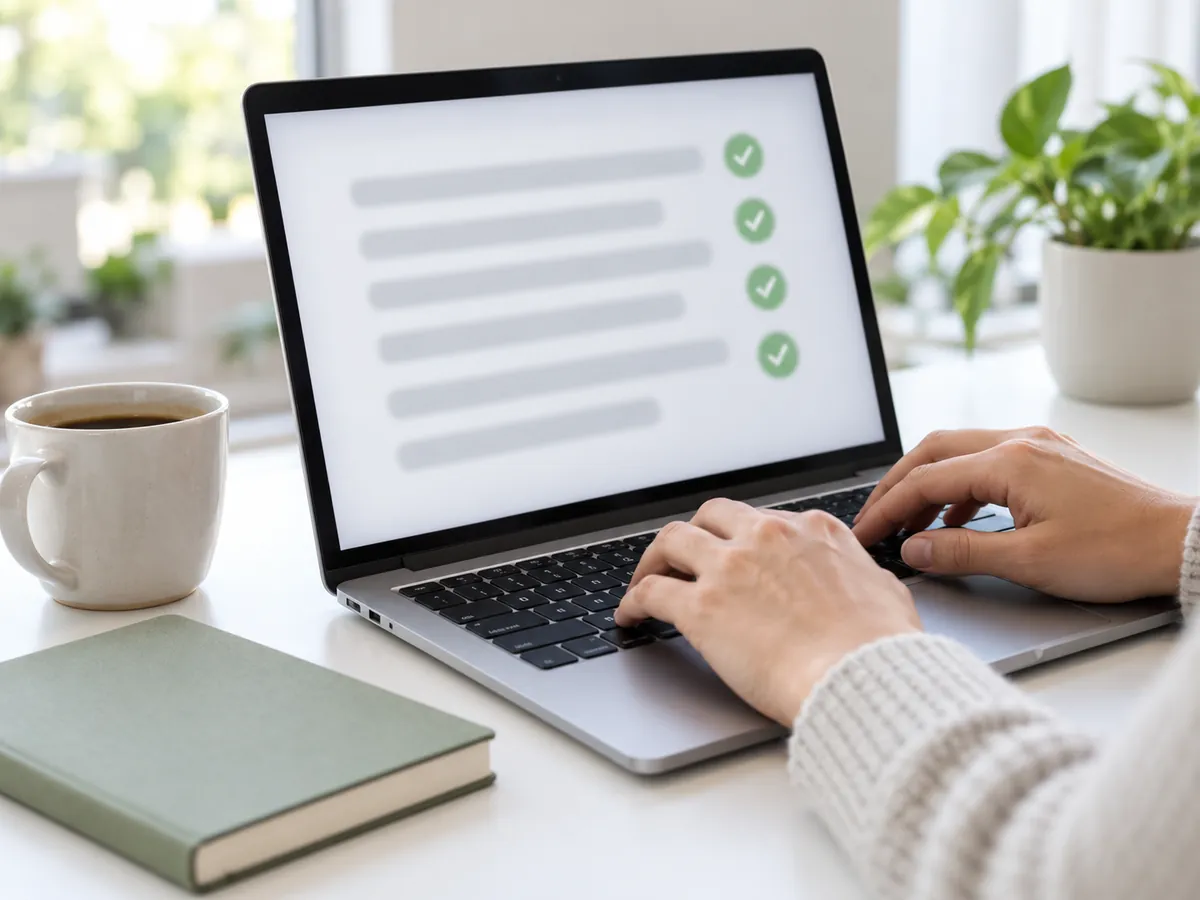 Hands on a laptop showing a checklist-style panel of technical fixes with check marks, representing automated rank drop repai
