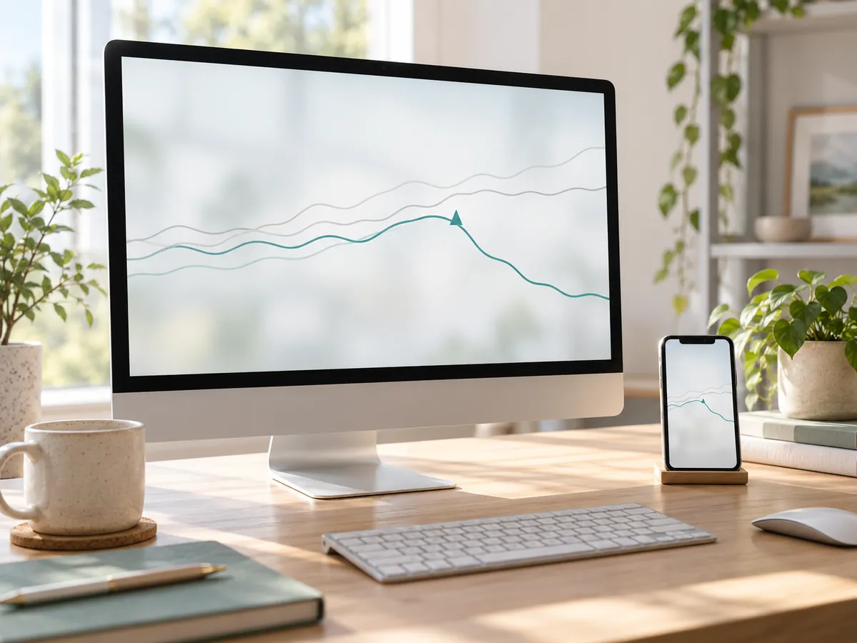 Monitor with multiple trend lines where one dips and triggers an alert marker, showing early detection of a ranking drop.