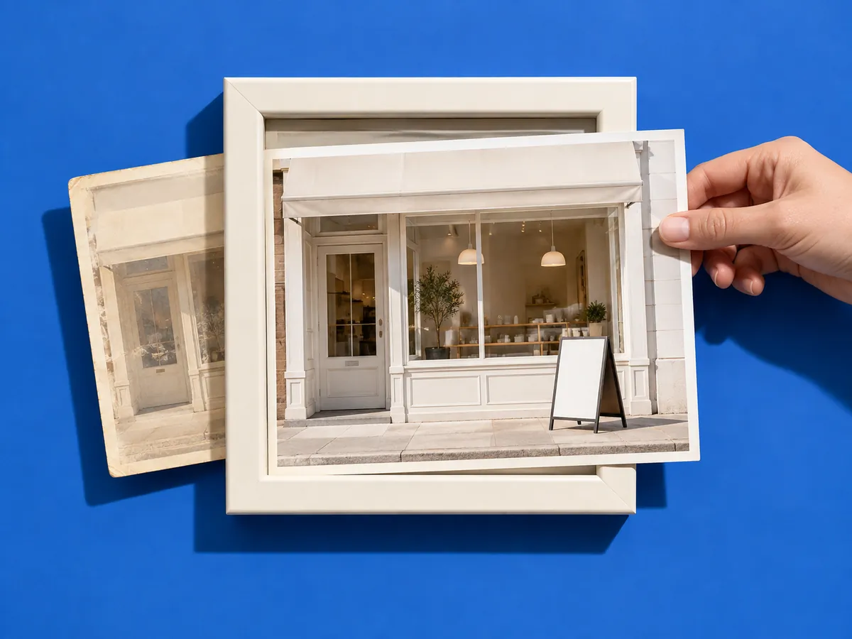 A fresh photo replaces an old one at a storefront, representing continual local business profile upkeep.