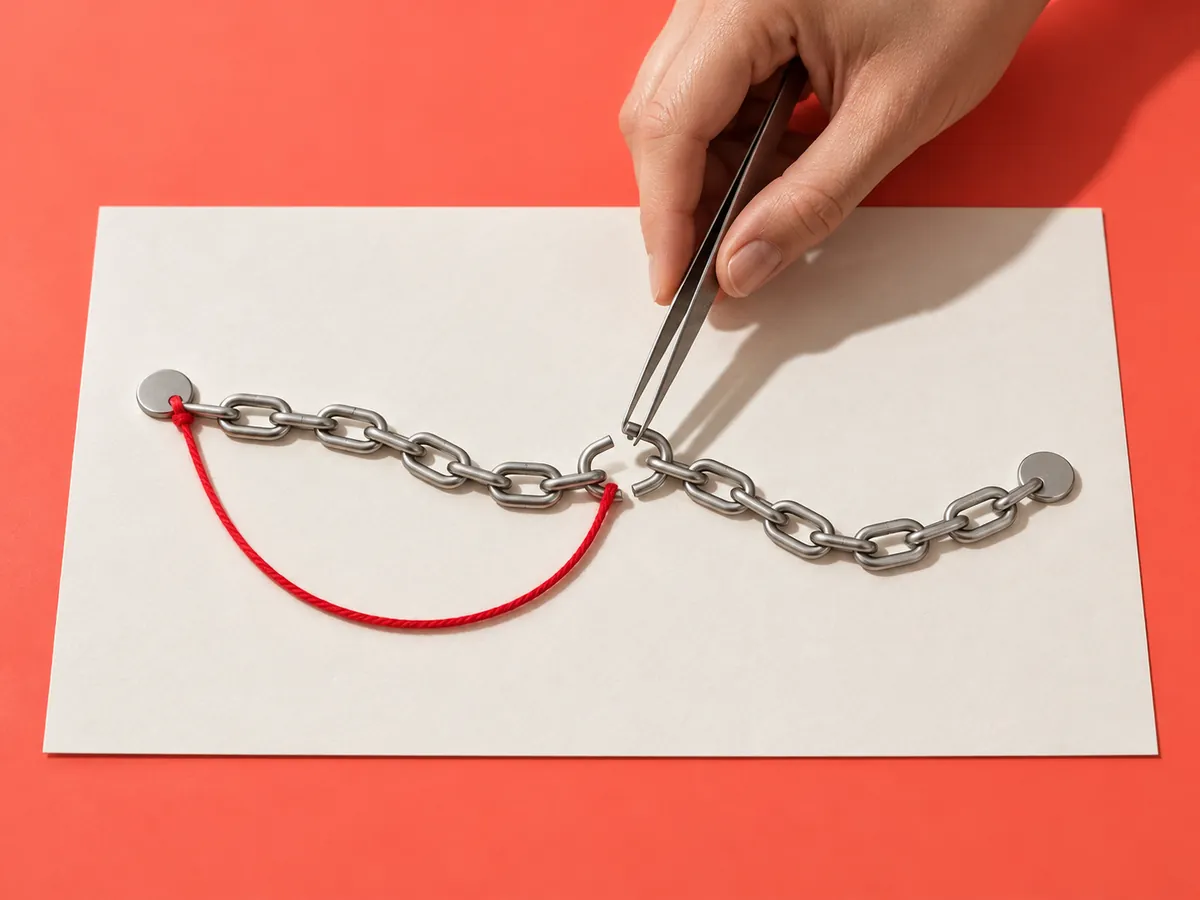 A hand repairs a broken link, representing technical SEO issues moving from detection to a reviewed fix.