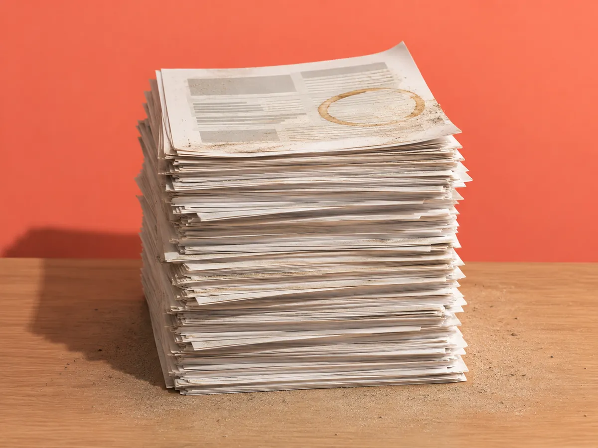 A dusty stack of unread printed SEO reports on a desk, illustrating insights that pile up without anyone acting on them.