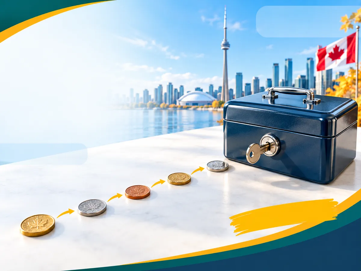 A locked cash box with coins lined up leading away from it, showing how a GIC holds funds and releases them in installments