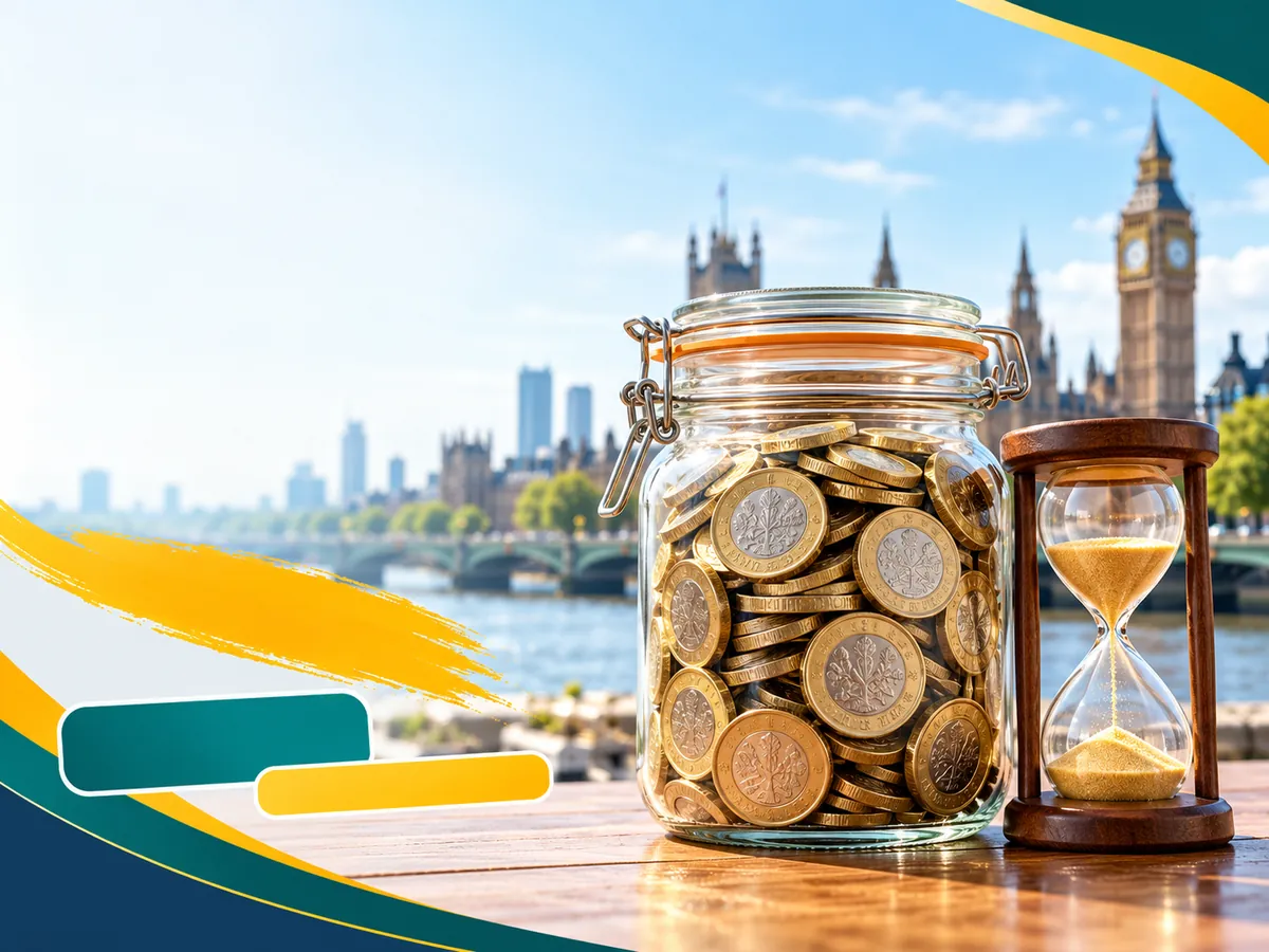 A sealed jar of pound coins beside an hourglass, representing the UK rule that visa funds must sit in an account for 28 days