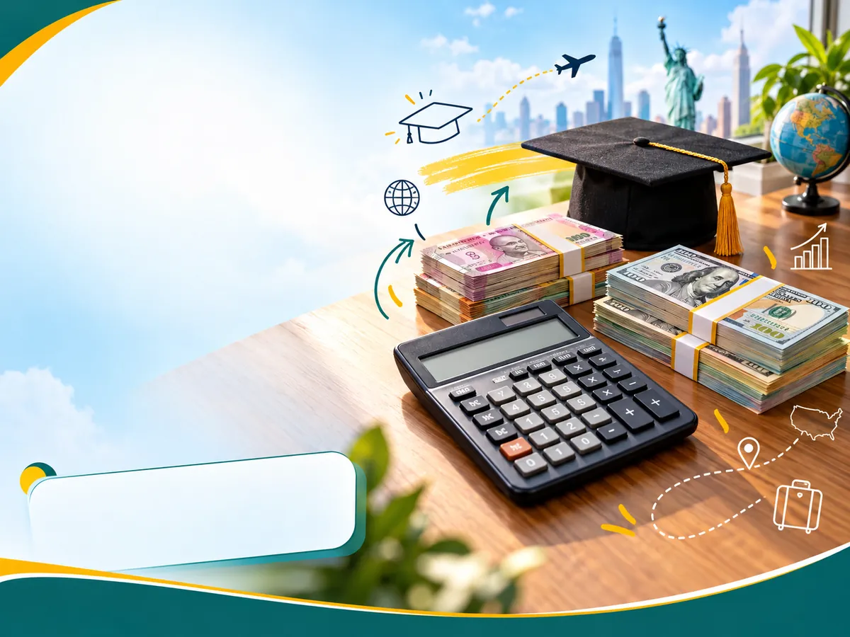 Calculator and mixed currency stacks representing total cost of a two‑year US master’s for a Pune student