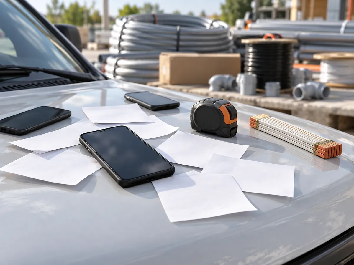 Blank slips, dark phones and tools scattered on a truck hood across many jobs, showing fragmented coordination.