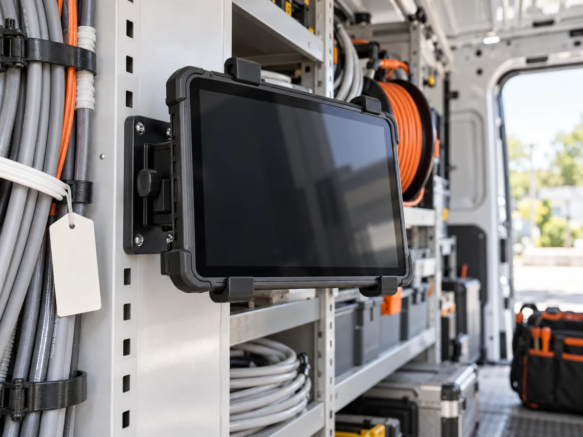 A dark rugged tablet in a work van among conduit, reels and safety tags, standing for tracked electrical tasks.
