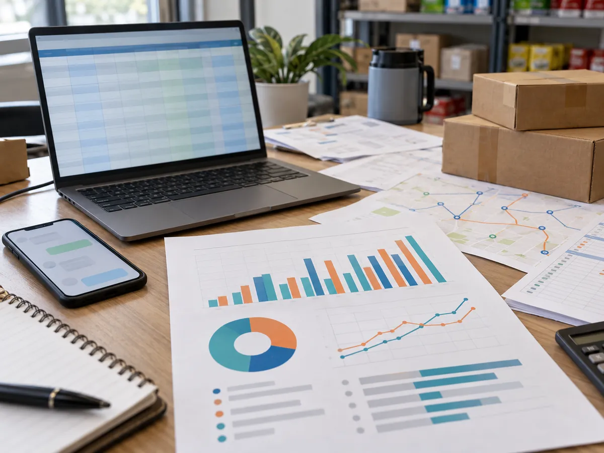 A cluttered desk with spreadsheet, chat phone and paper routes, showing fragmented FMCG field tracking.