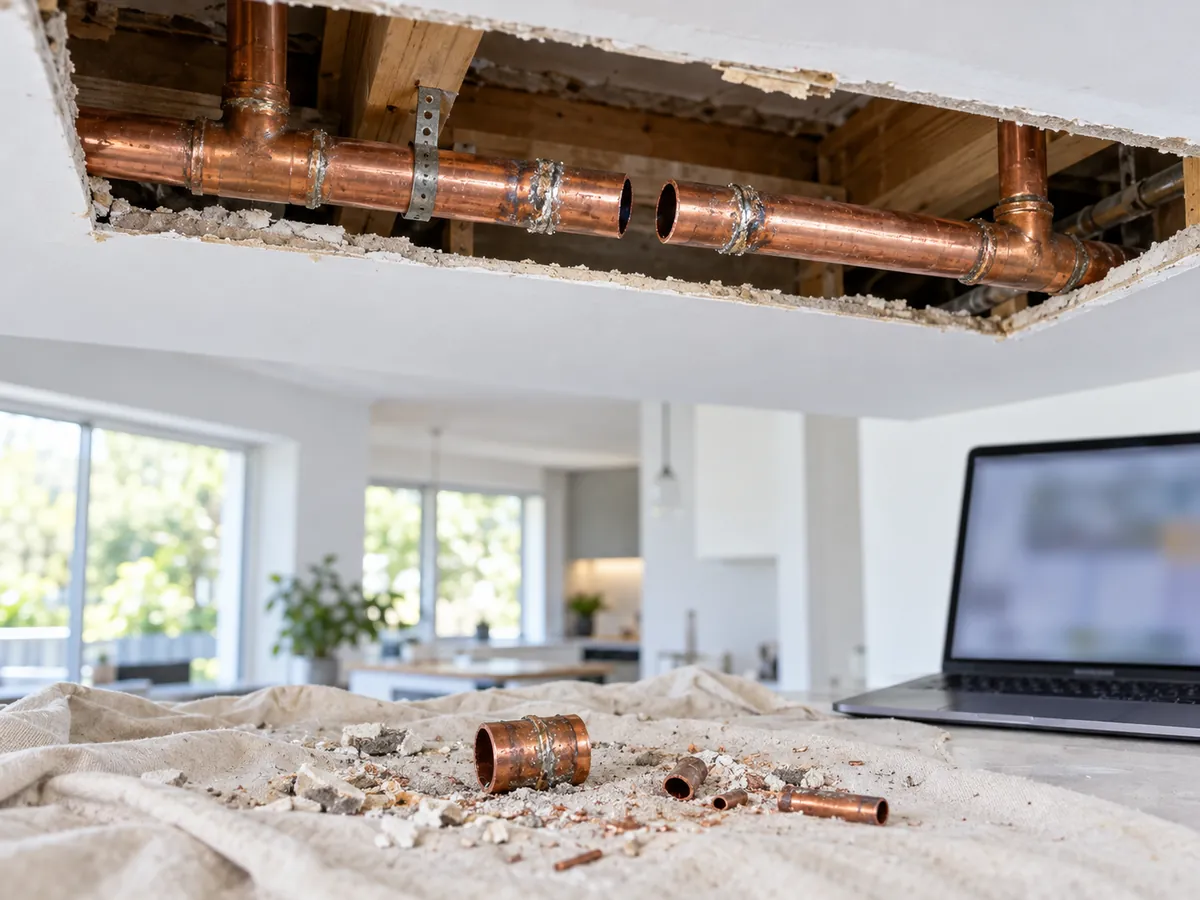 Opened ceiling with copper pipe cut out and refit debris below, showing rework that erodes plumbing margin.