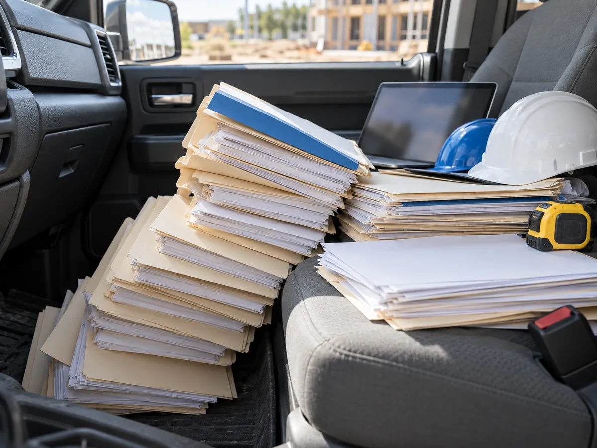 Truck seat buried under loose folders, blank forms and tape, showing manual records multiplying with projects.