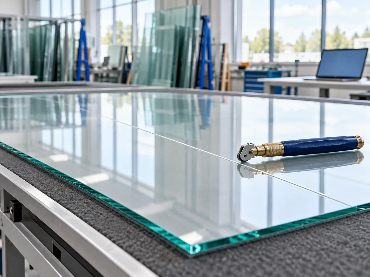 A glass sheet on a cutting table with one scored line and a cutting wheel, the irreversible fabrication step.