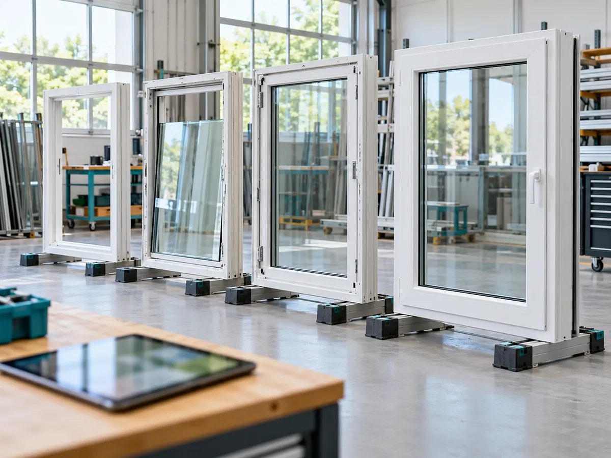Window units at different build stages lined up in a workshop, showing the chain from frame to finished install.