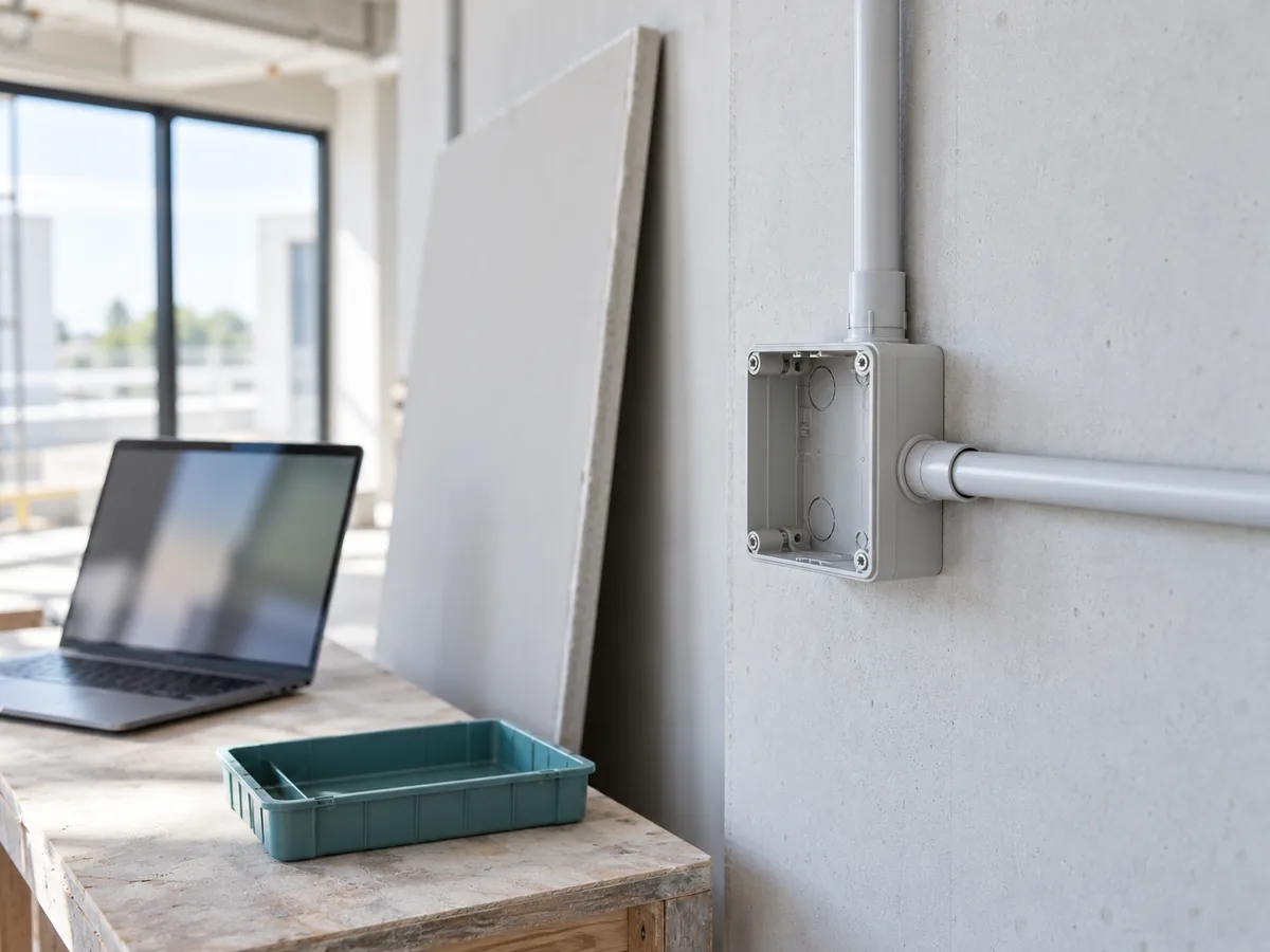 Finished conduit stops at an open box beside a waiting drywall sheet and missing fittings, showing coordination delay.