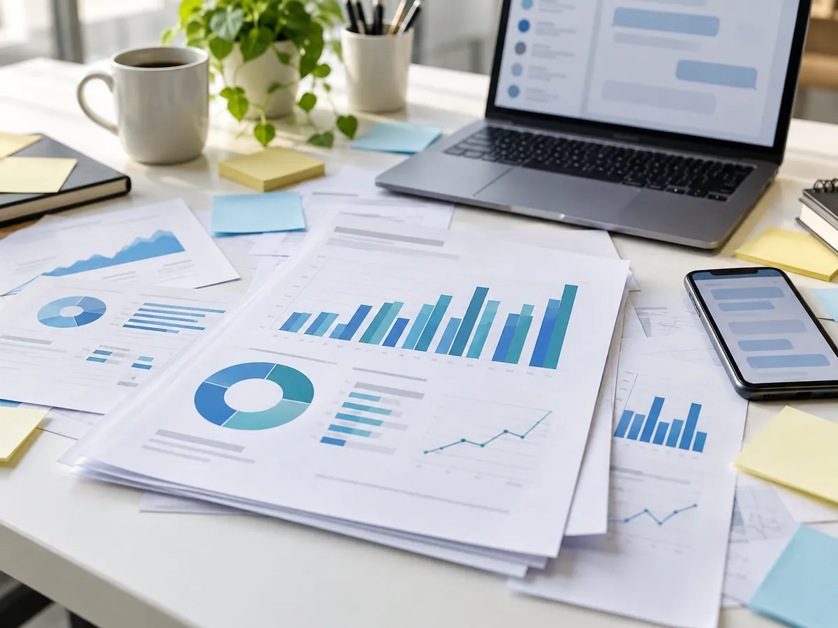 Cluttered desk with scattered notes and message-like shapes on screens, showing chaotic untracked analyst work.