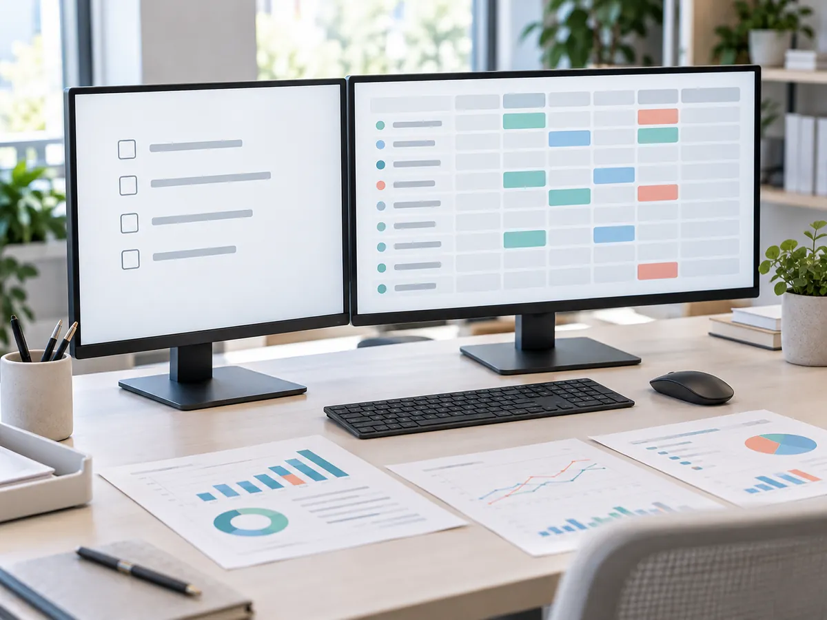 Two monitors showing a short checklist growing into a larger shared board, illustrating scaling task tracking needs.
